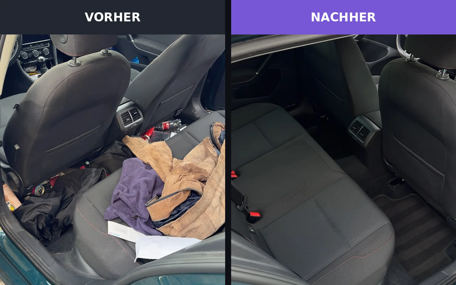 VW Rücksitzbereich vor und nach der Innenraumreinigung